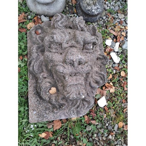 1030 - Three Garden Statuary Figures - 2 Statues Easter Island, Dandy and Lion Head Plaque