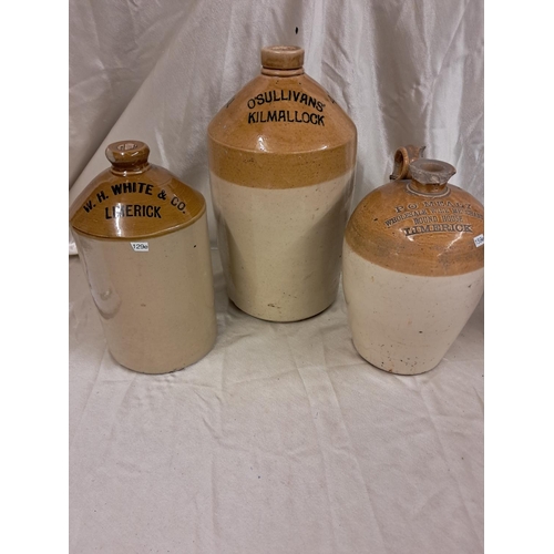 795 - Three Limerick interest Stoneware Whiskey Crocks including  P. O'Mealy Round House (Tallest 42cm)