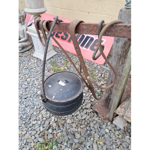 1056 - Victorian Cast Iron Fire Crane with various Hangers and a large Skillet Pot