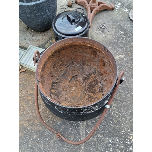 1060 - Large Victorian Cast Iron Skillet Pot and an Enamel Saucepan (Skillet as found)