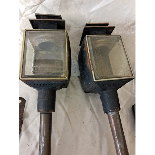 1232 - Pair of Victorian Brass and Iron Trap Lamps with original Brackets and another