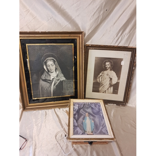 1244 - Two Framed Religious Prints and a Framed Statue of 