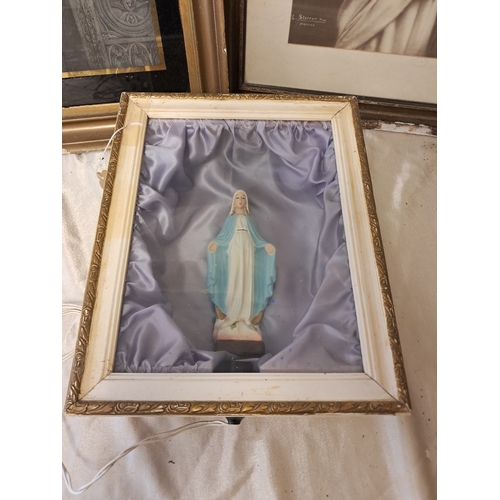 1244 - Two Framed Religious Prints and a Framed Statue of 