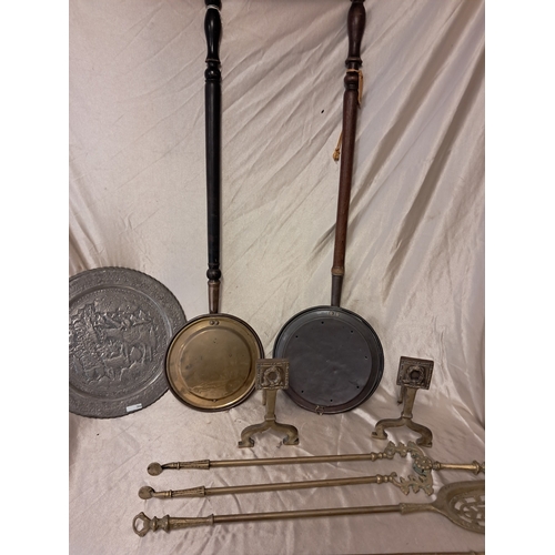 1272 - Lot of 3 Fire Irons and Dogs, 2 Warming Pans and a Metal Charger