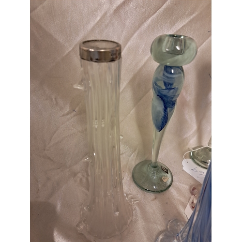 1316 - Three Pairs of Vintage Glass Vases plus 2 others - one pair with Silver Rims (Tallest 28cm)