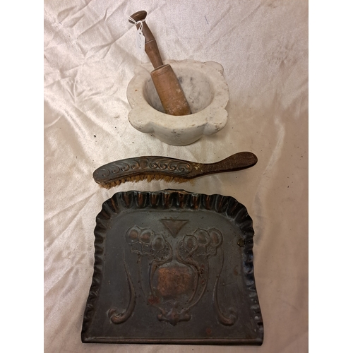 1326 - Marble Mortar (23cm Wide) with Wooden Pestle together with an Edwardian Crumb Tray and Brush