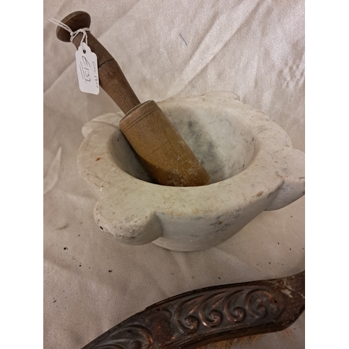 1326 - Marble Mortar (23cm Wide) with Wooden Pestle together with an Edwardian Crumb Tray and Brush