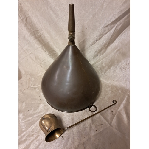 1337 - Antique Copper and Brass Funnel together with a Brass Whiskey Measure