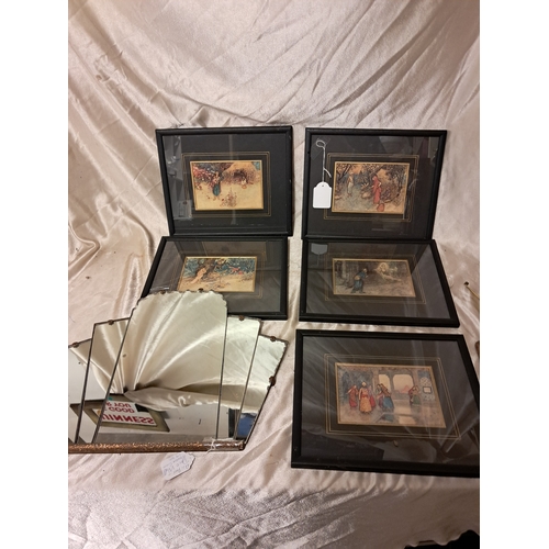 1363 - Vintage Fan Mirror together with a Set of 5 Warwick Goble Eastern Prints(broken glass in 1)