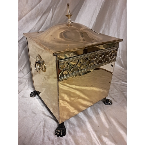 1364 - Edwardian Brass Fireside Box on 4 Harry Paw Feet (37cm x 28cm x 28cm)