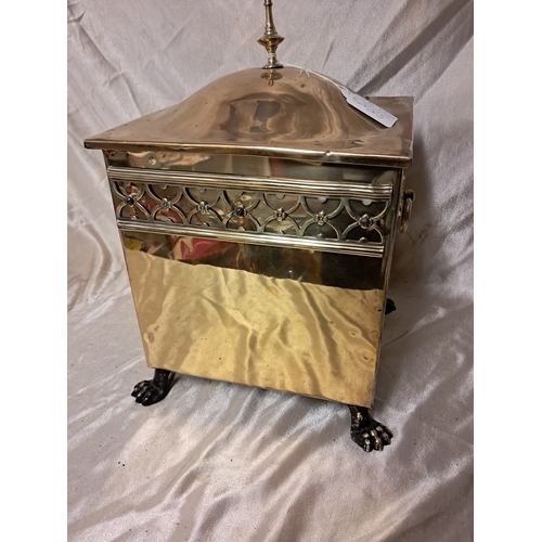 1364 - Edwardian Brass Fireside Box on 4 Harry Paw Feet (37cm x 28cm x 28cm)