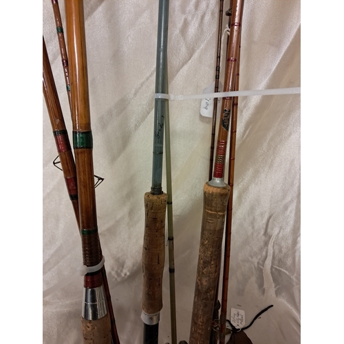 1365 - Collection of 3 Split Cane Fishing Rods and one other with bags (two with reels)