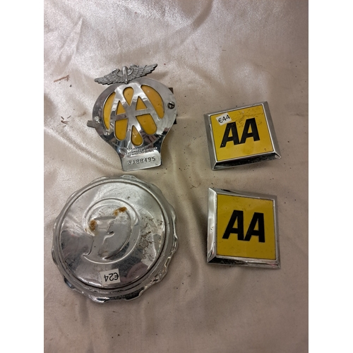 1401 - Three AA Membership Car Badges and a Chrome Hub Centrepiece