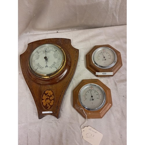 810 - Edwardian Inlaid Mahogany Aneroid Barometer and a Pair of Temperature Gauges