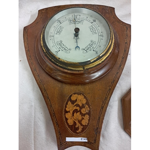 810 - Edwardian Inlaid Mahogany Aneroid Barometer and a Pair of Temperature Gauges