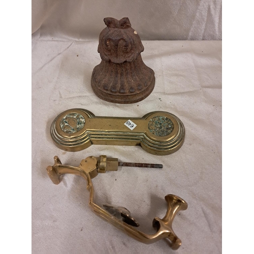 819 - Two Antique Door Stops - one Cast Iron, one Brass together with a Brass Door Knocker with Receiver