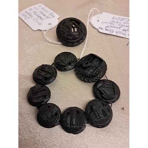 876 - Irish Bog Oak Bracelet and a Brooch - both Carved with Irish Castles and Abbeys (Brooch 4cm)