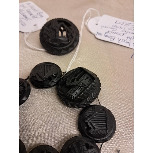 876 - Irish Bog Oak Bracelet and a Brooch - both Carved with Irish Castles and Abbeys (Brooch 4cm)