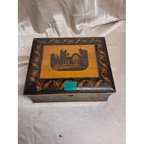 901 - 19th Century Turnbridge Ware Trinket Box with Muckross Abbey Inlaid Panel (27cm x 22cm x 11cm)