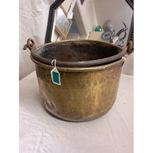 938 - Victorian Brass Cooking Pot with Iron Handle and a Vintage Oak Mirror