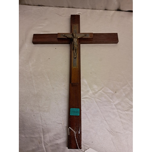 946 - Bronze Crucifix on a Mahogany Cross (62cm Tall)