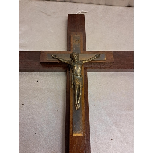 946 - Bronze Crucifix on a Mahogany Cross (62cm Tall)