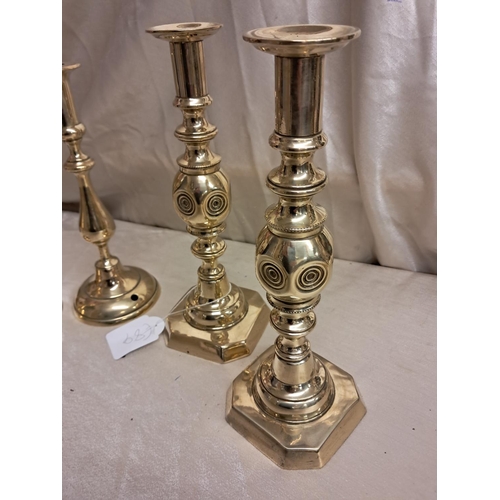 947 - Pair of Victorian Brass Candlesticks and 2 others (all polished)