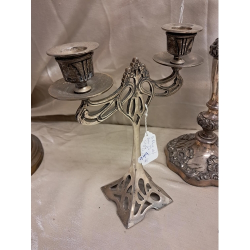 949 - Antique Sheffield Silver Plate Candelabra together with a Pair of Art Deco Silver Plate Candlesticks