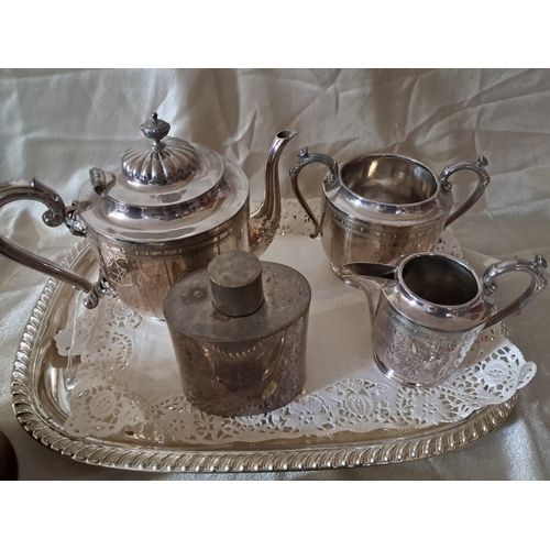 417 - 3 Piece Silver Plated Tea Set on Tray, Mahogany Mantle Clock, 4 Pieces of Green Wedgewood