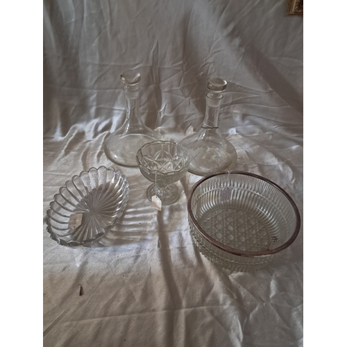 422 - Pair of Antique Glass Ship's Decanters and 3 Bowls