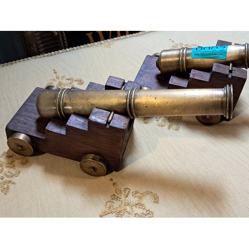 3 - Pair of Brass Desk Cannons on Mahogany Bases (20cm Long)