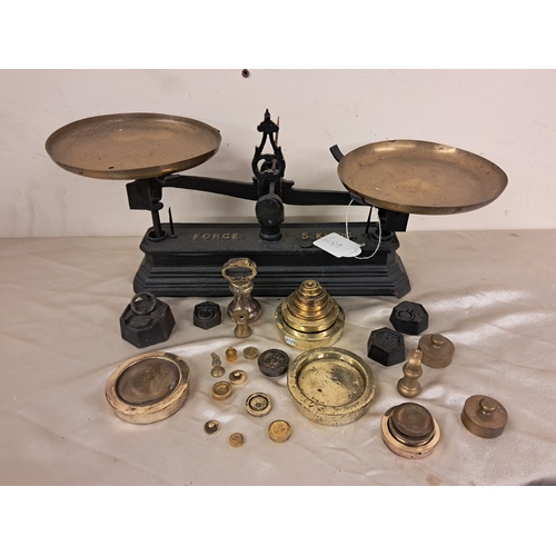 970 - Cast Iron and Brass Kitchen Scales and a Large Quantity of Weights