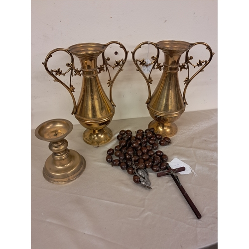 973 - Pair of Brass Altar Vases, Large Rosary Beads and a Brass Candle Stand