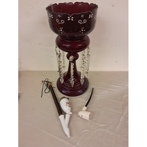 975 - 19th Century Red Glass Lustre (36cm Tall) and 2 Porcelain Pipes