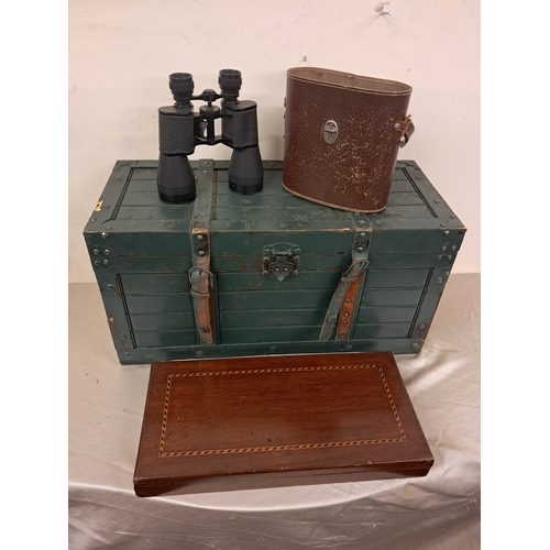 982 - 19th Century Inlaid Mahogany Box, Pair of Binoculars and a Green Trinket Box