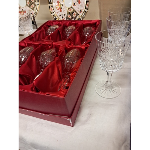 135 - Two Sets of 6 Cut Glass Wine Glasses and a Cased Set of Metal Goblets