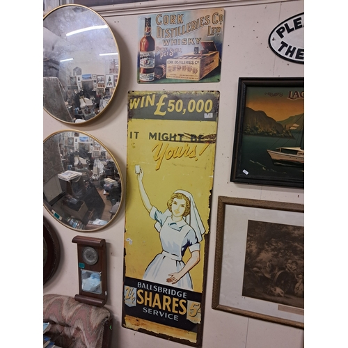 17 - Ballsbridge Shares Service - Irish Sweepstakes Tin Advertising Sign and a modern Cork Distilleries T... 