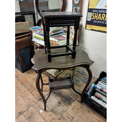 18 - Edwardian Mahogany Occasional Table (losses) and an Oak Stool