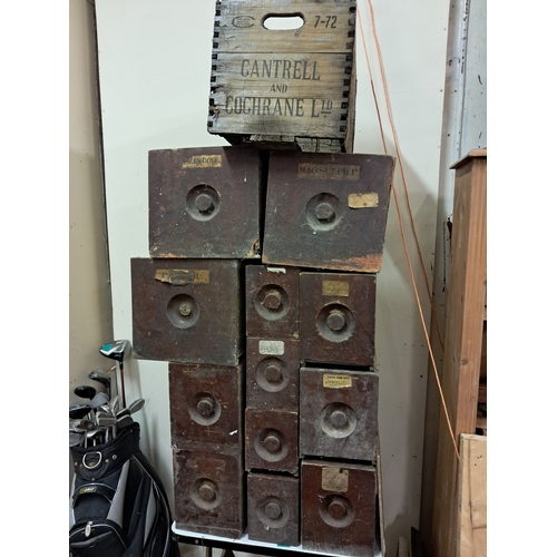 49 - Lot of Antique Mahogany Pharmacy Shop Drawers (12) and a Wood C & C Bottle Crate