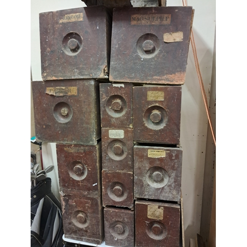 49 - Lot of Antique Mahogany Pharmacy Shop Drawers (12) and a Wood C & C Bottle Crate