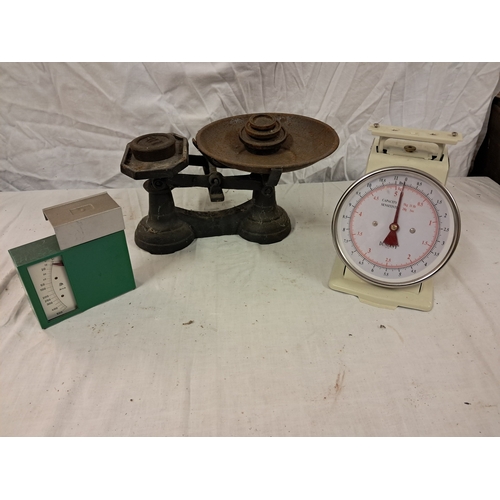 54 - Cast Iron Scales with Weights, Letter Scales and a Kitchen Scales (no pan)