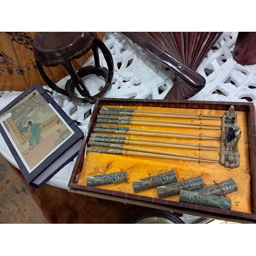 191 - Lot of Oriental Decorative interest including Fan, Sun Shade, Calligraphy Set etc