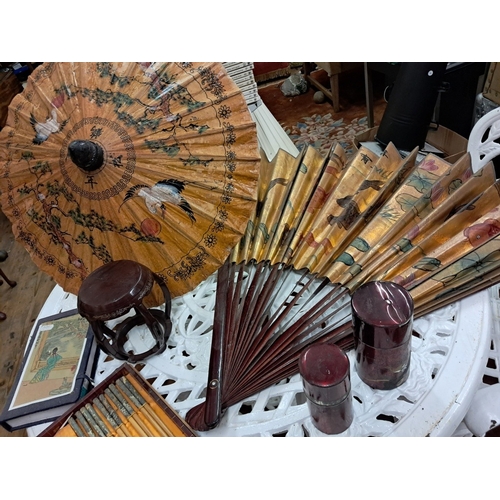 191 - Lot of Oriental Decorative interest including Fan, Sun Shade, Calligraphy Set etc