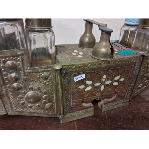 617 - Vintage Indian Brass and Hardwood Housekeepers Box Inlaid with Mother of Pearl