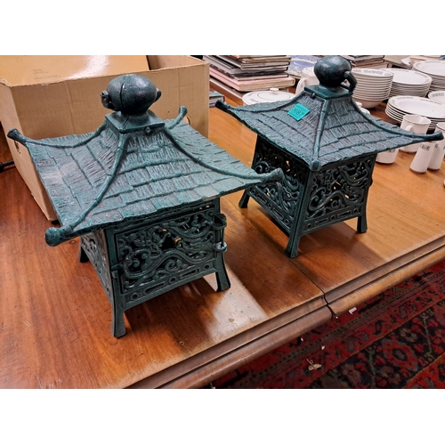 687 - Pair of Cast Iron Chinese Pajoda Candlestands (32cm Tall)