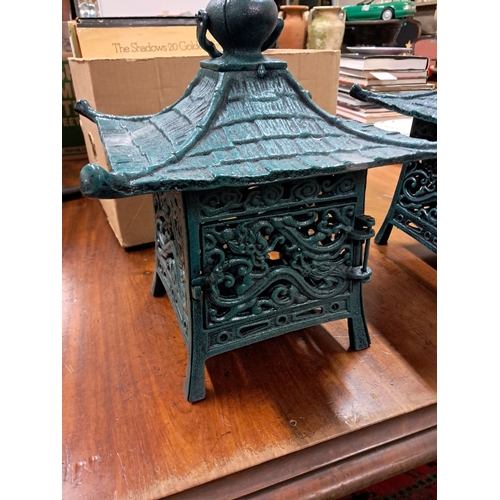 687 - Pair of Cast Iron Chinese Pajoda Candlestands (32cm Tall)