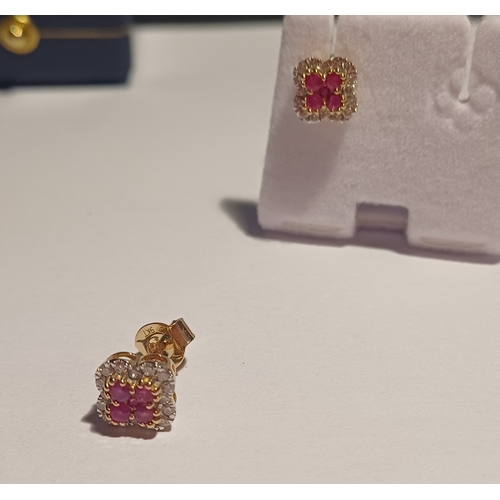 304 - Gold Diamond & Ruby Cluster Earrings