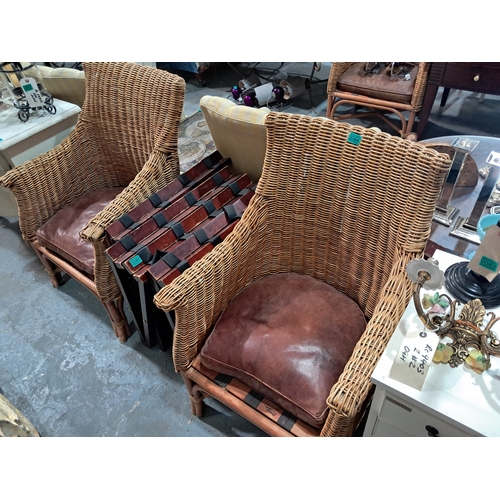 18 - Pair of Wicker Armchairs with Leather Cushions