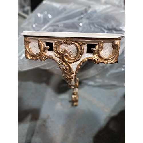 194 - Pair of Wall Mounted Marble Top Consuls with Inswept Gilt Decorated Supports (52cm x 50cm x 40cm)