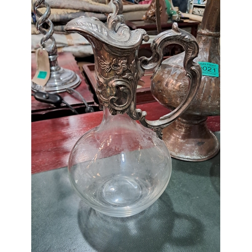 21 - Pair of Silver Plate and Glass Claret Decanters and a Persian style Metal Tea Pot (Pot 33cm Tall)